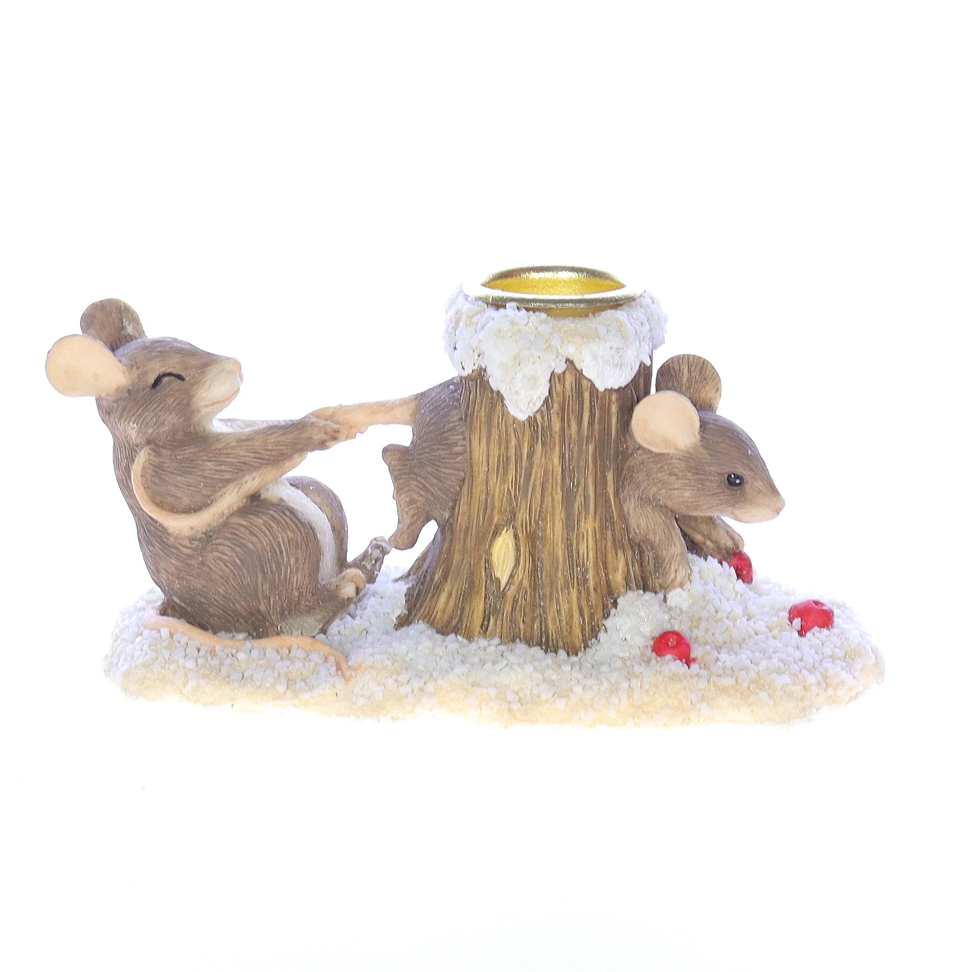Charming Tails Vintage Resin Christmas Figurine Tree Stump Candlestick Mice 2.5"